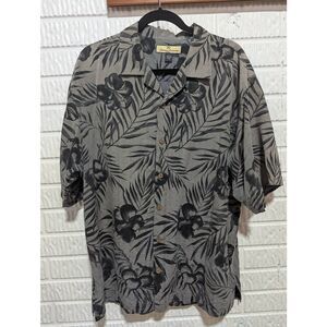 Tommy Bahama Men's Gray Black Silk Floral Pattern Button-Down Short-Sleeve Shirt